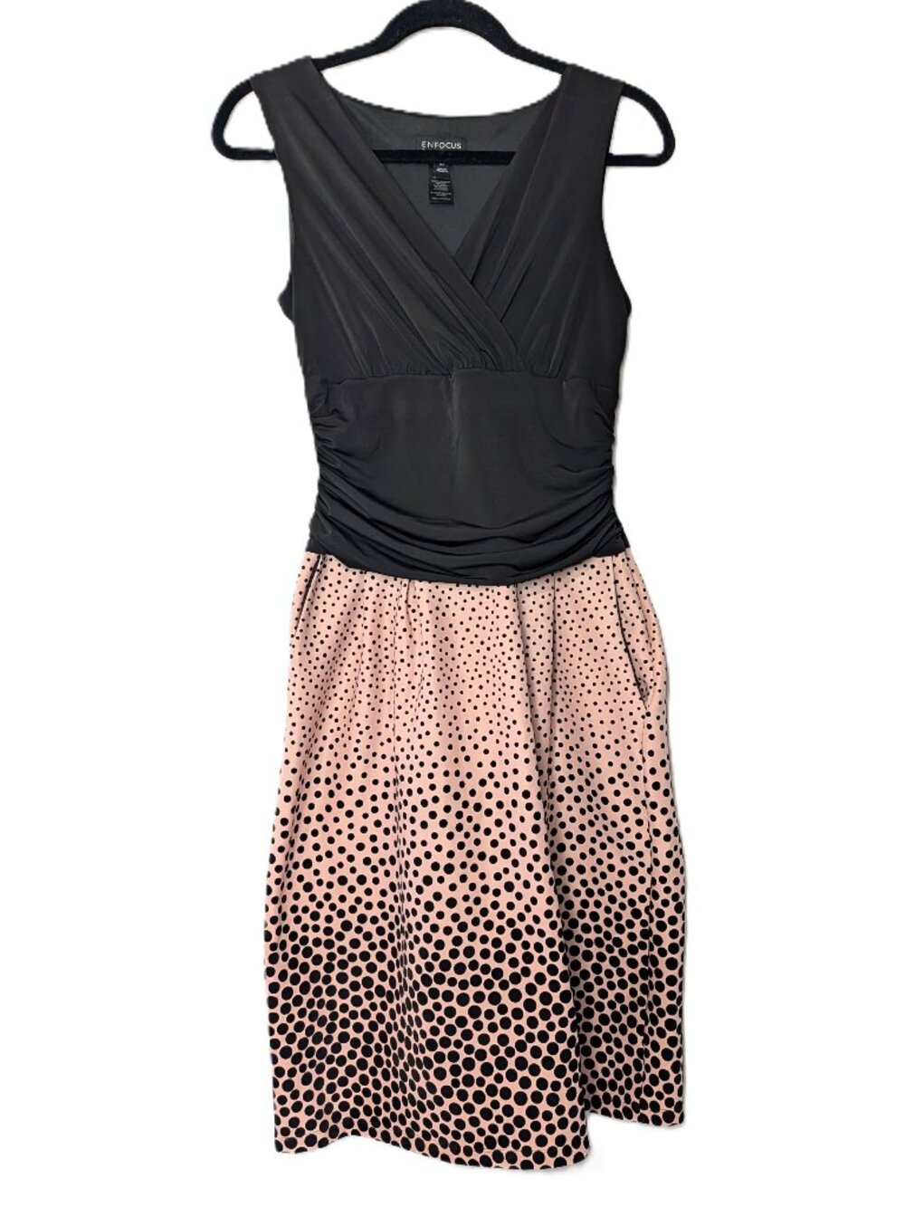 Enfocus Studio Polka Dot Ruched Surplice Midi Dress Black Blush Womens 10